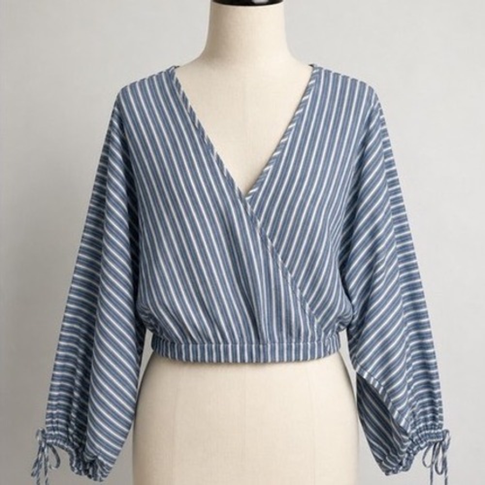 Kontrol Contemporary Blue White Striped Wrap Crop Top Lantern Sleeve Large